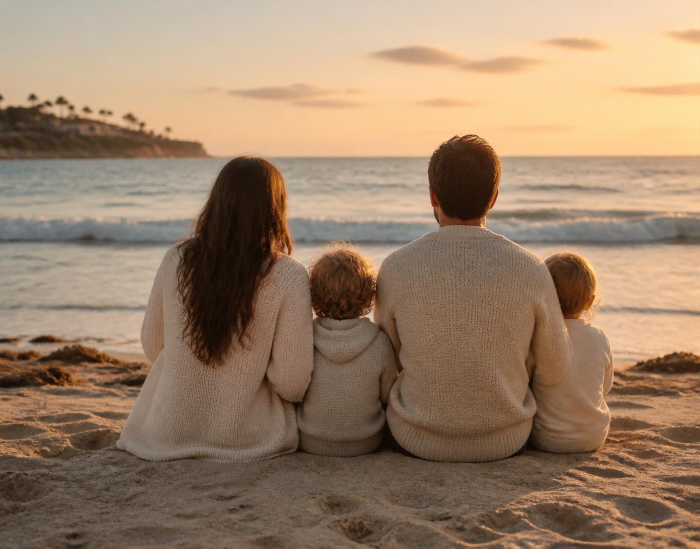 A family sitting together on the beach at sunset